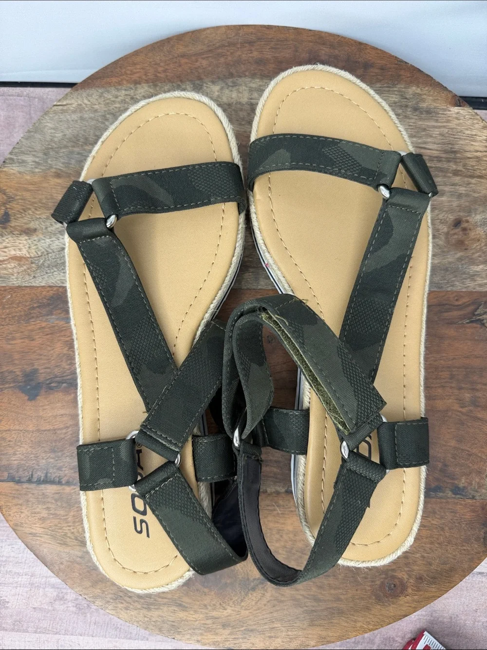 Soda - Camouflage Platform Sandals with Ankle Strap - Olive Green - Size 8 1/2